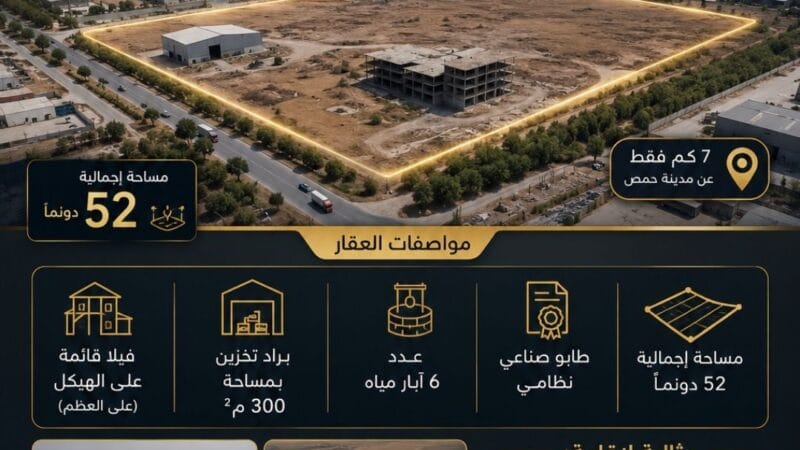 🏭 فرصة استثمارية مميزة في المنطقة الصناعية – حمص للبيع أرض